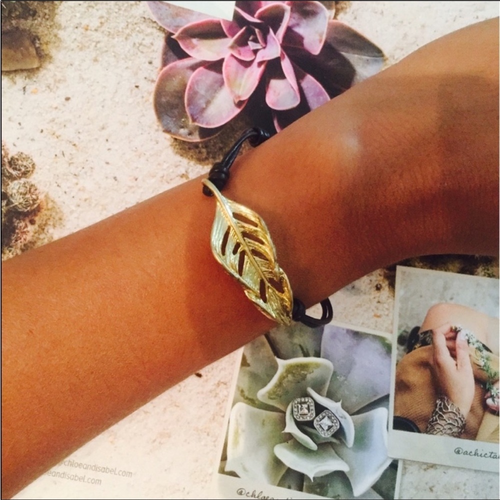 NEW 12K Gold Sculpted Feather Leather Bracelet Chloe + Isabel